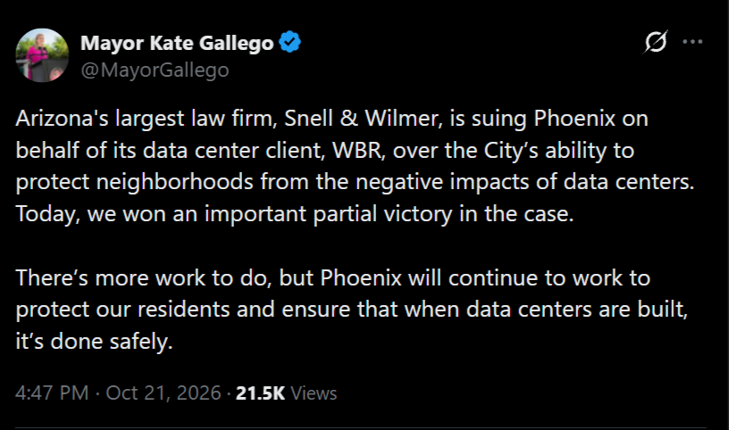 X post by Phoenix Mayor Kate Gallego about the WBR lawsuit
