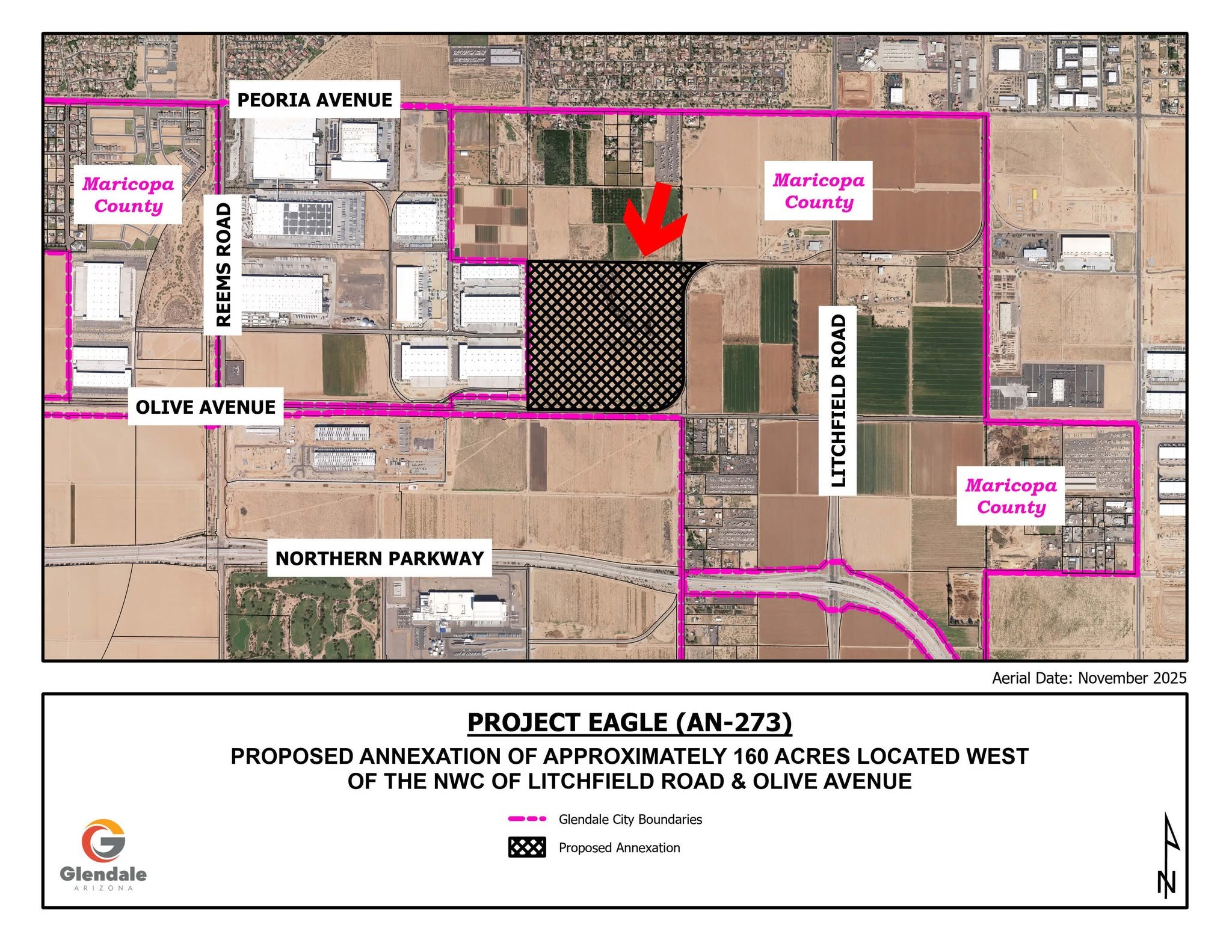 proposed map and details for Project Eagle (AN-273), a 160-acre land annexation and rezoning project considered and voted on by the Glendale City Council.